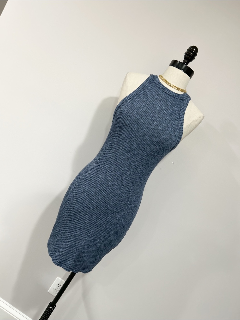 Garage Denim Blue Ribbed Halter Midi Dress
